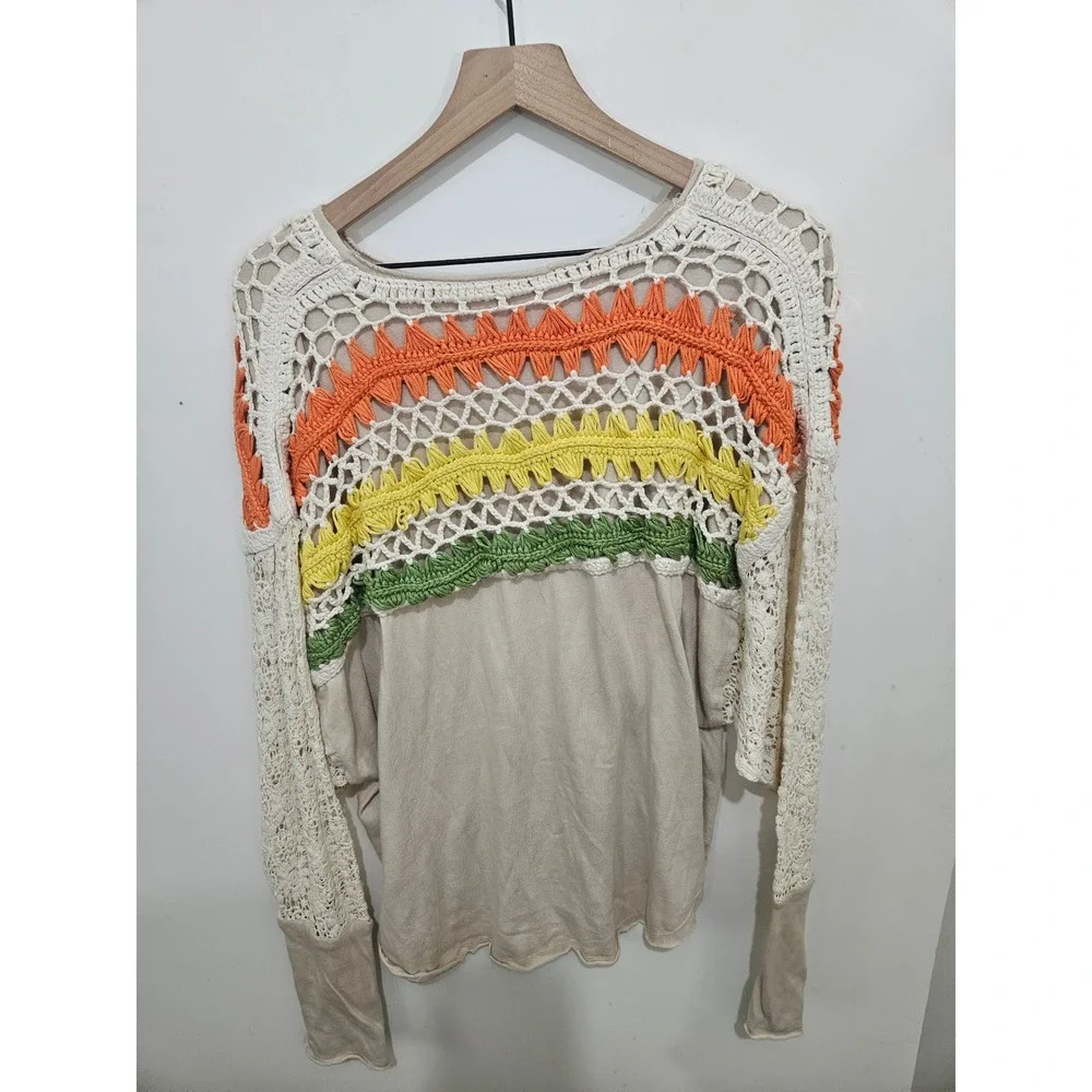 Free People Sand Sable Crochet Lace Long Sleeve Top OB1406074 Beige Multi M